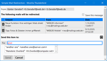 Popup window with selected mails and input fields for recipients